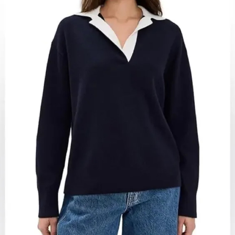 Filoro 2-Ply Cashmere Polo Navy with White Collar Sweater, size Medium